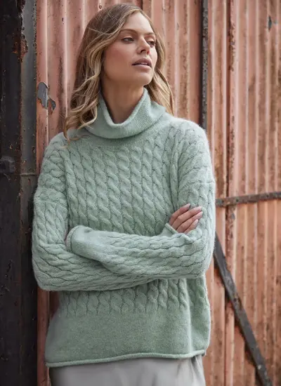 Fisherman Alpaca Cabled Funnel Neck Sweater 